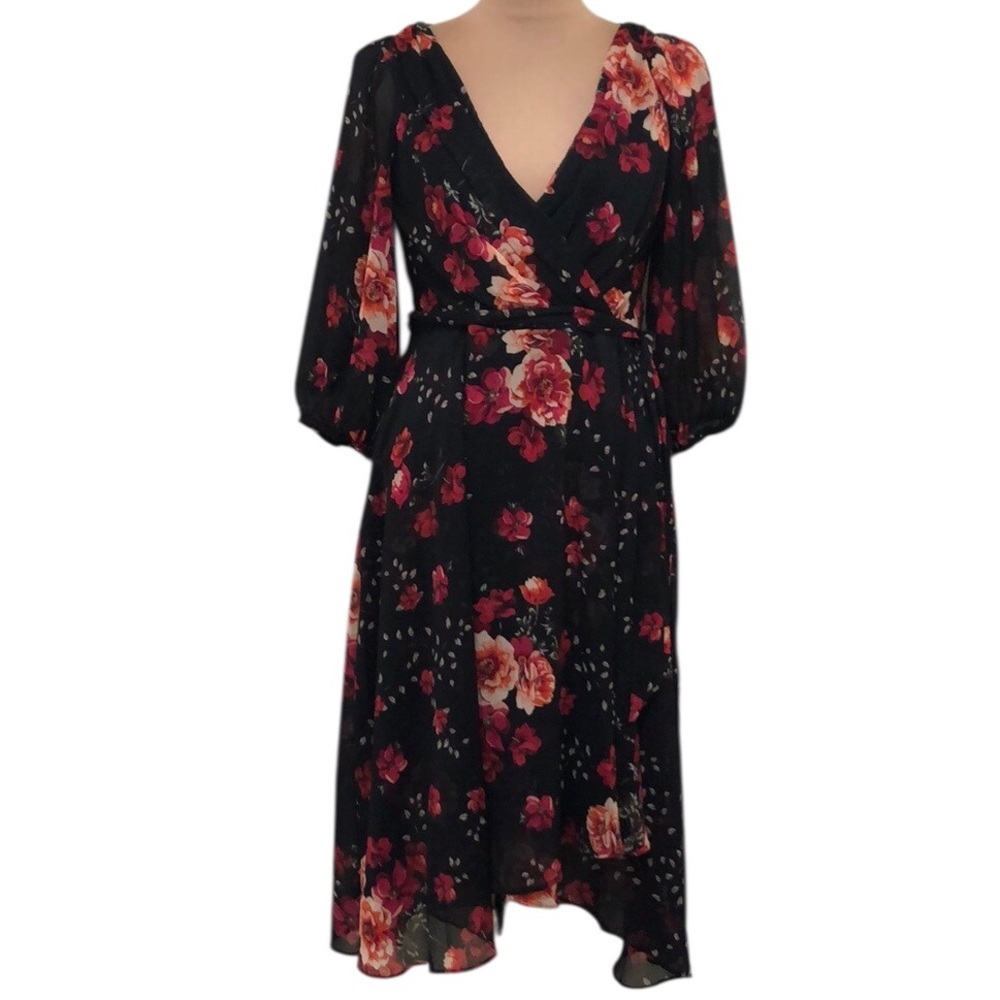 DKNY Midi Dress Size Small Black Red Floral Roses Print